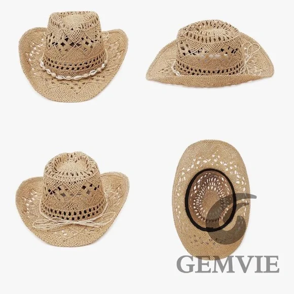 Cowboy Hat Women Summer Western Cowgirl Woven Hollow Out Wide Brim Hat rodeo - Picture 7 of 11